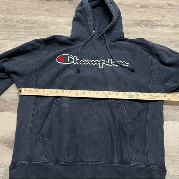 Champion Hoodie Men Medium Black Reverse Weave Sweatshirt Hoodie Spell Out Retro - Picture 3 of 7